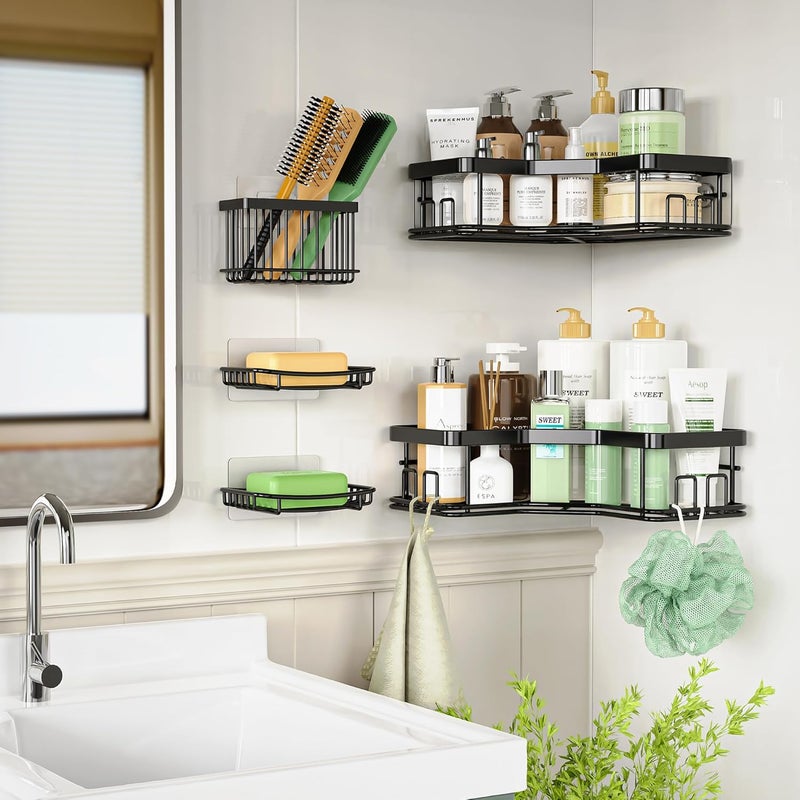 MAXIFFE 5 Pack X-Large Corner Shower Caddy, with Soap Holder and Toothbrush Holder, Large Capacity No Drilling Stainless Steel Hold 40 LB Shower Organizer Shelf Rack for Family Renter Bathroom, Black - Image 2